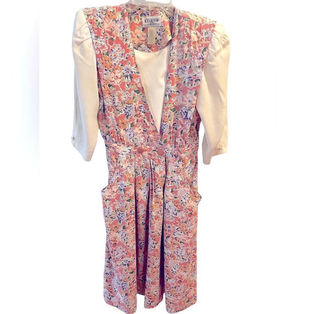 Peach/Pink/Green/Purple/Tan Floral Shirtdress with Cream Trim by RJ Stevens-10P